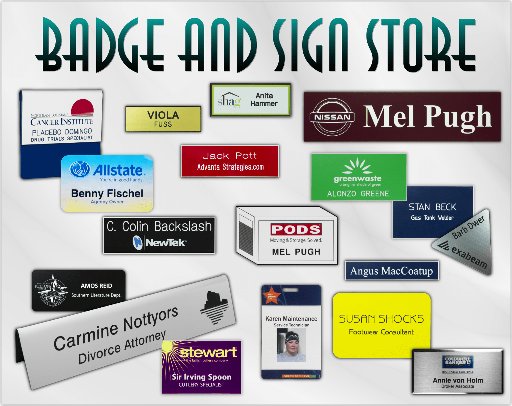 Collage of badges and signs